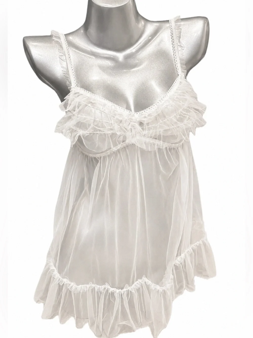 Victorias Secret white floaty mesh babydoll nighty lingerie lace ruffle mini nwt